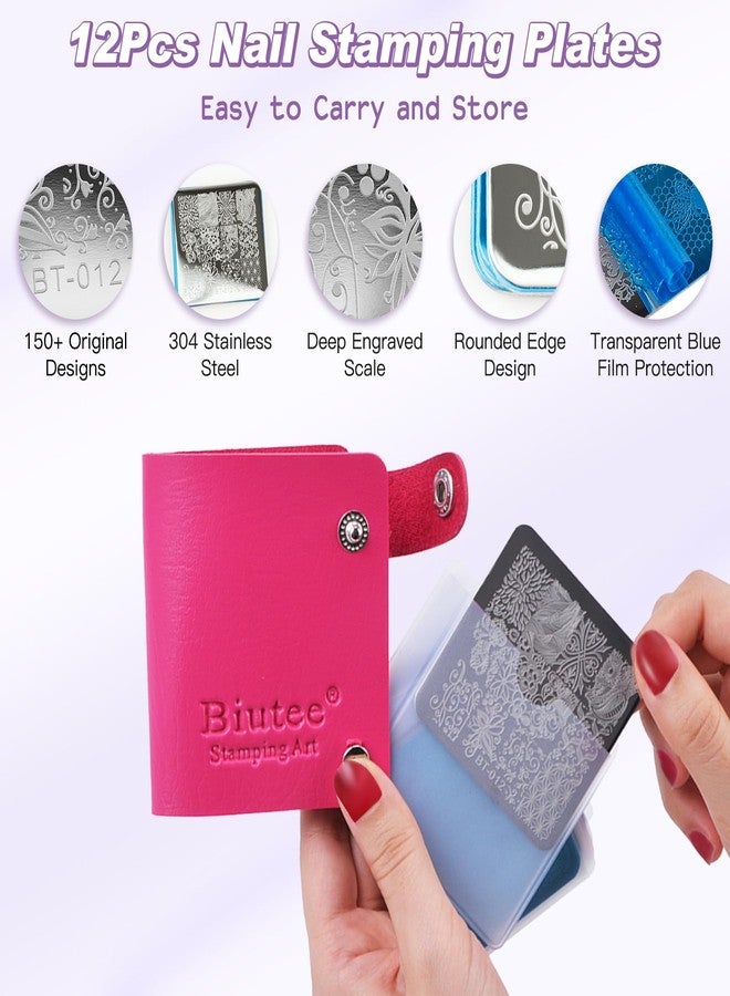Biutee Nail Stamper Kit 12Pcs Nail Stamping Plate 8Pcs Stamping Gel Polish Nail Stamping Kit with Silicone Stamper Scraper Storage Bag Lace Plaid Stamp Template Holiday Gift for Women - Image 3
